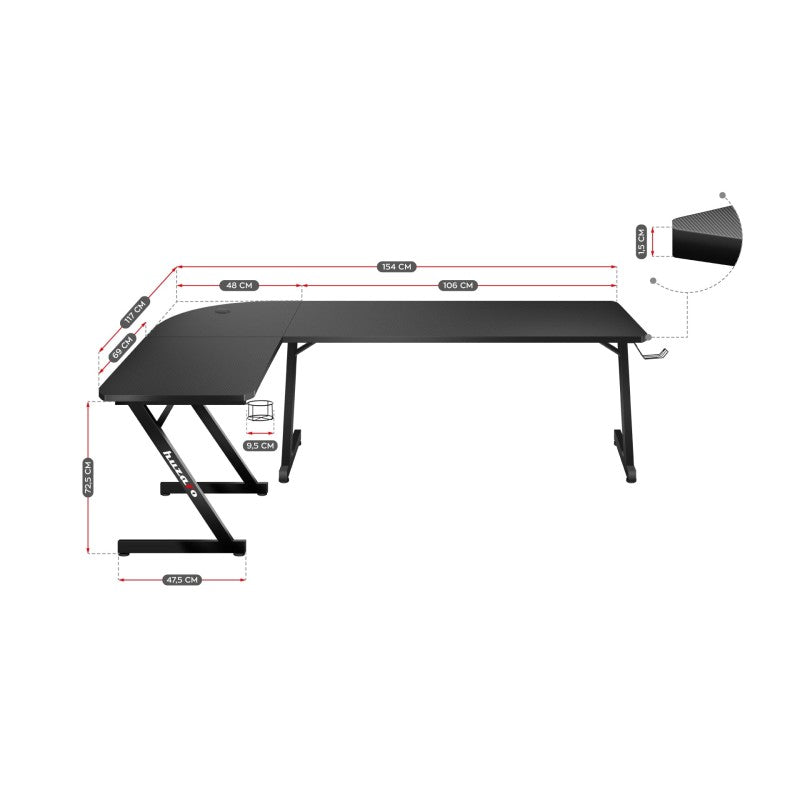 Huzaro Hero 7.0 Black hoekgamingbureau, 154 cm