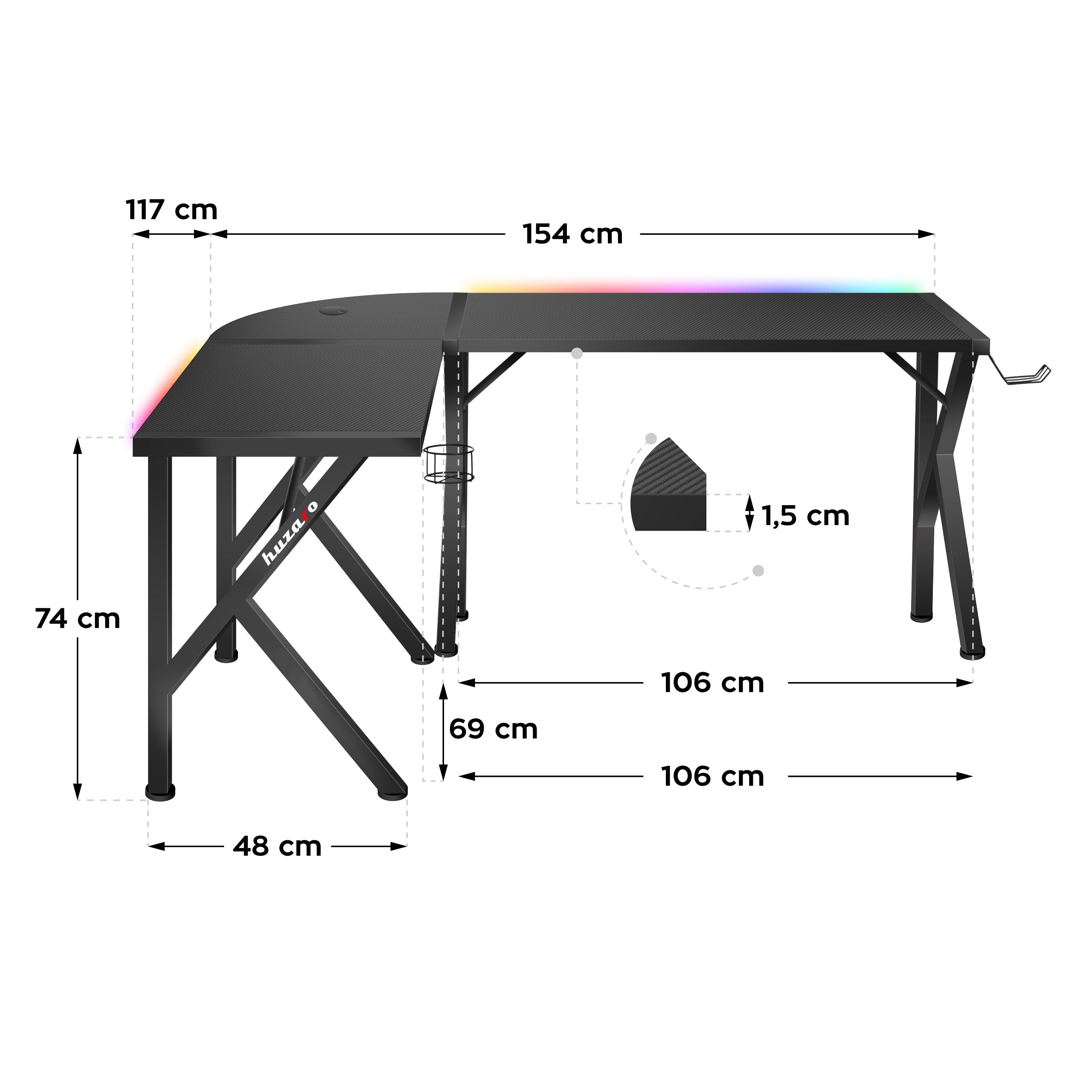 Huzaro Hero 6.3 RGB Black 154 cm hoekgamingbureau