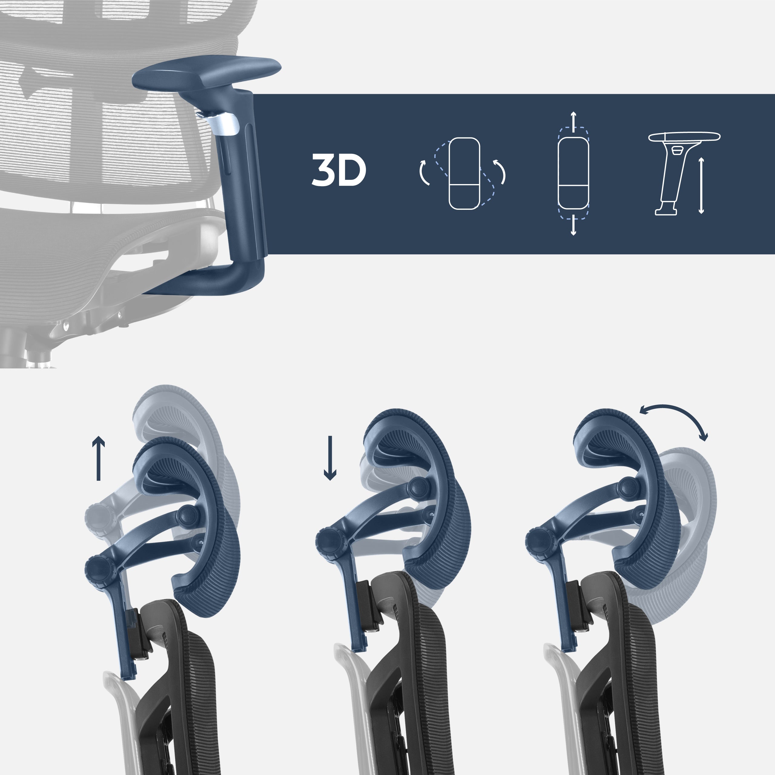 Verstelbare armsteunen en een verstelbare 3D-hoofdsteun