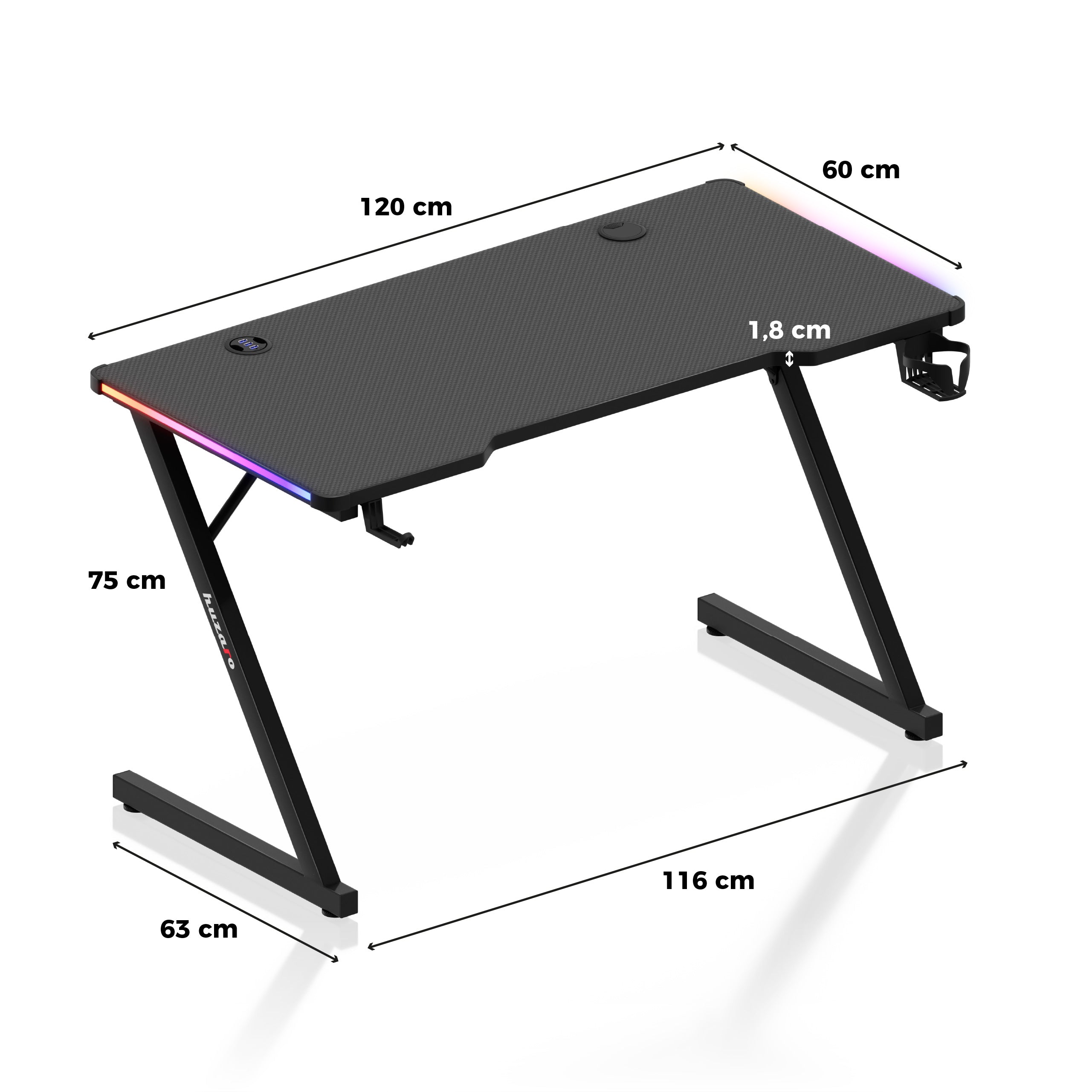 Huzaro Hero 2.5 RGB LED Gaming-bureau, zwart, 120 cm