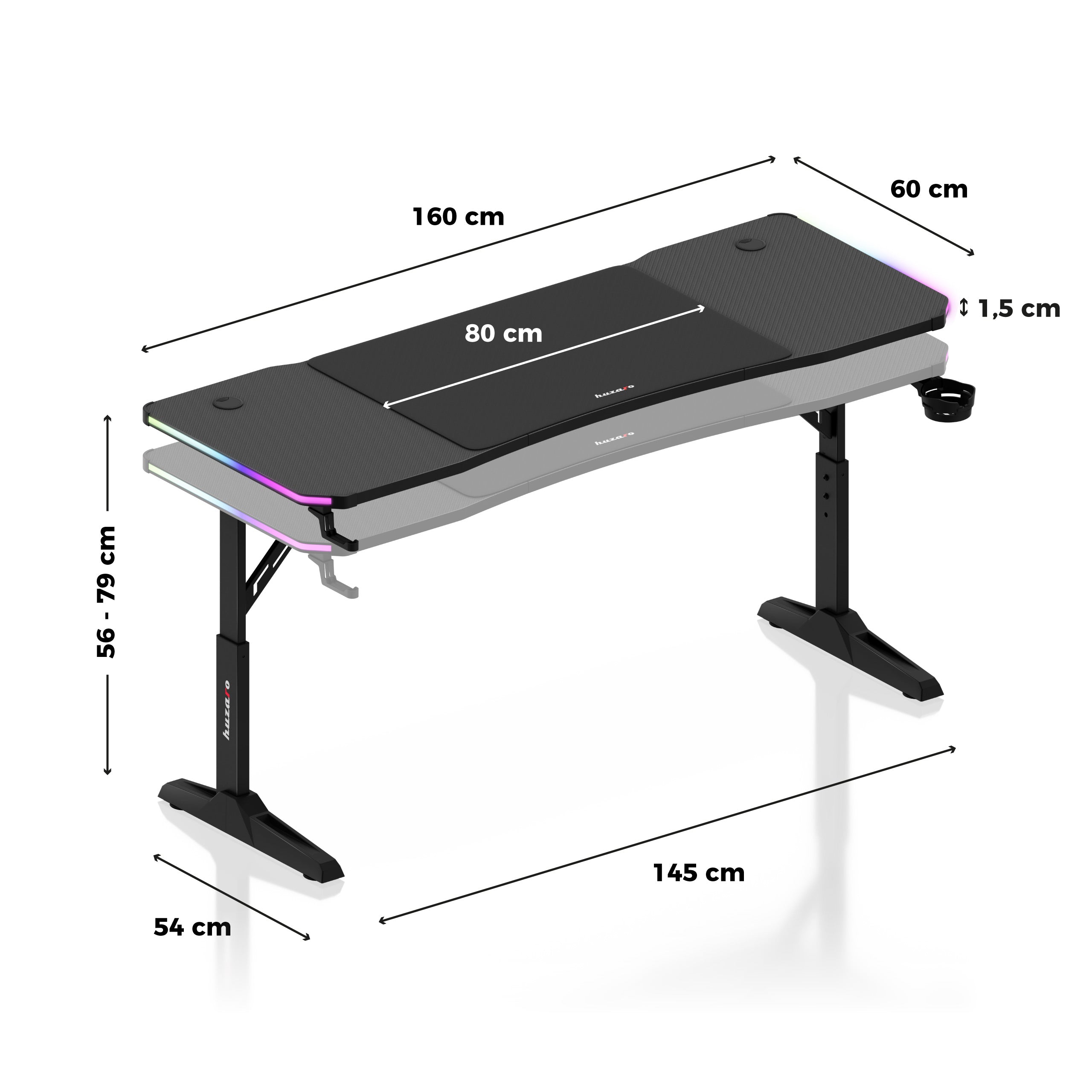 Huzaro Hero 4.6 RGB Black 160 cm gamingbureau met ledverlichting