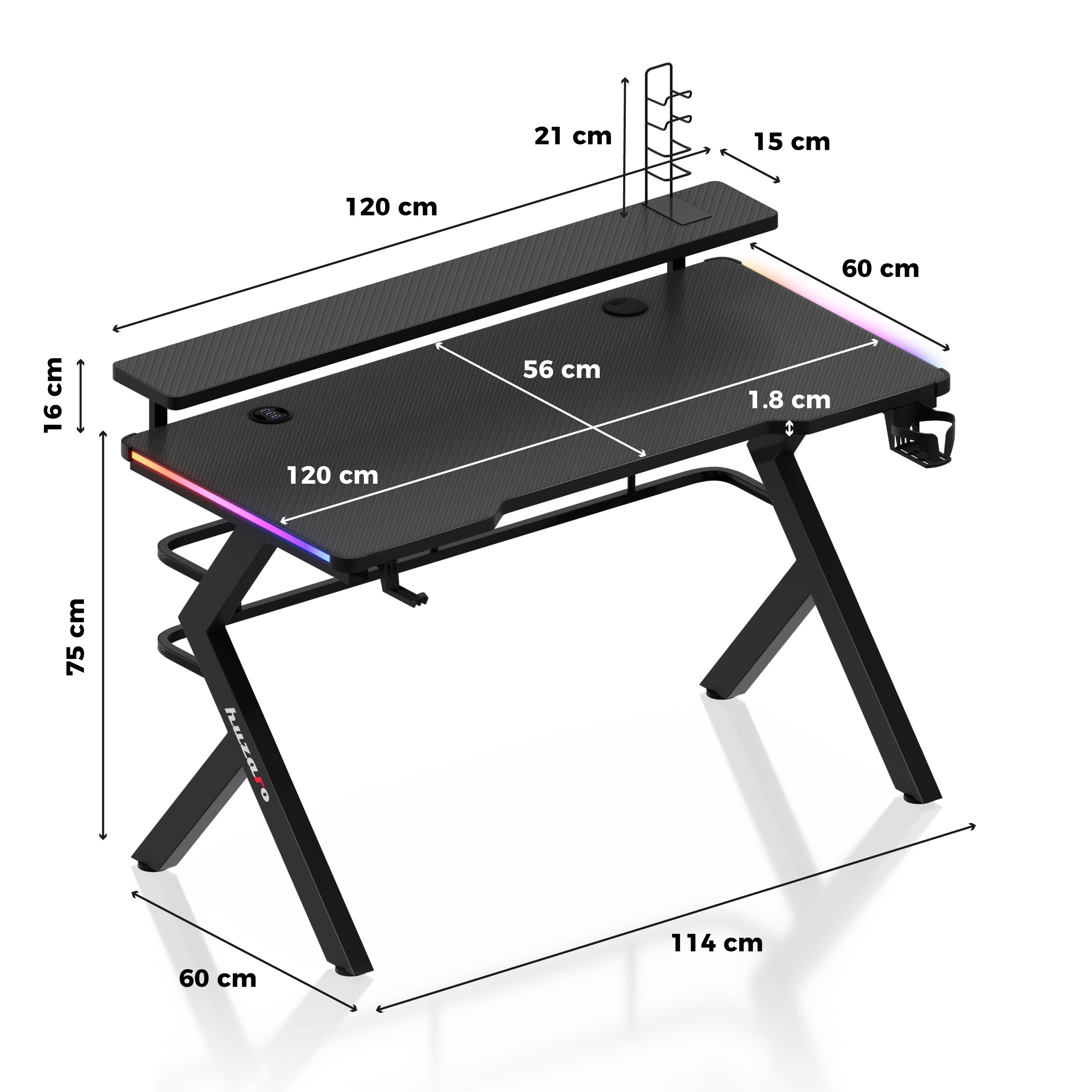 Huzaro Hero 5.0 RGB LED Gaming-bureau, zwart, 120 cm