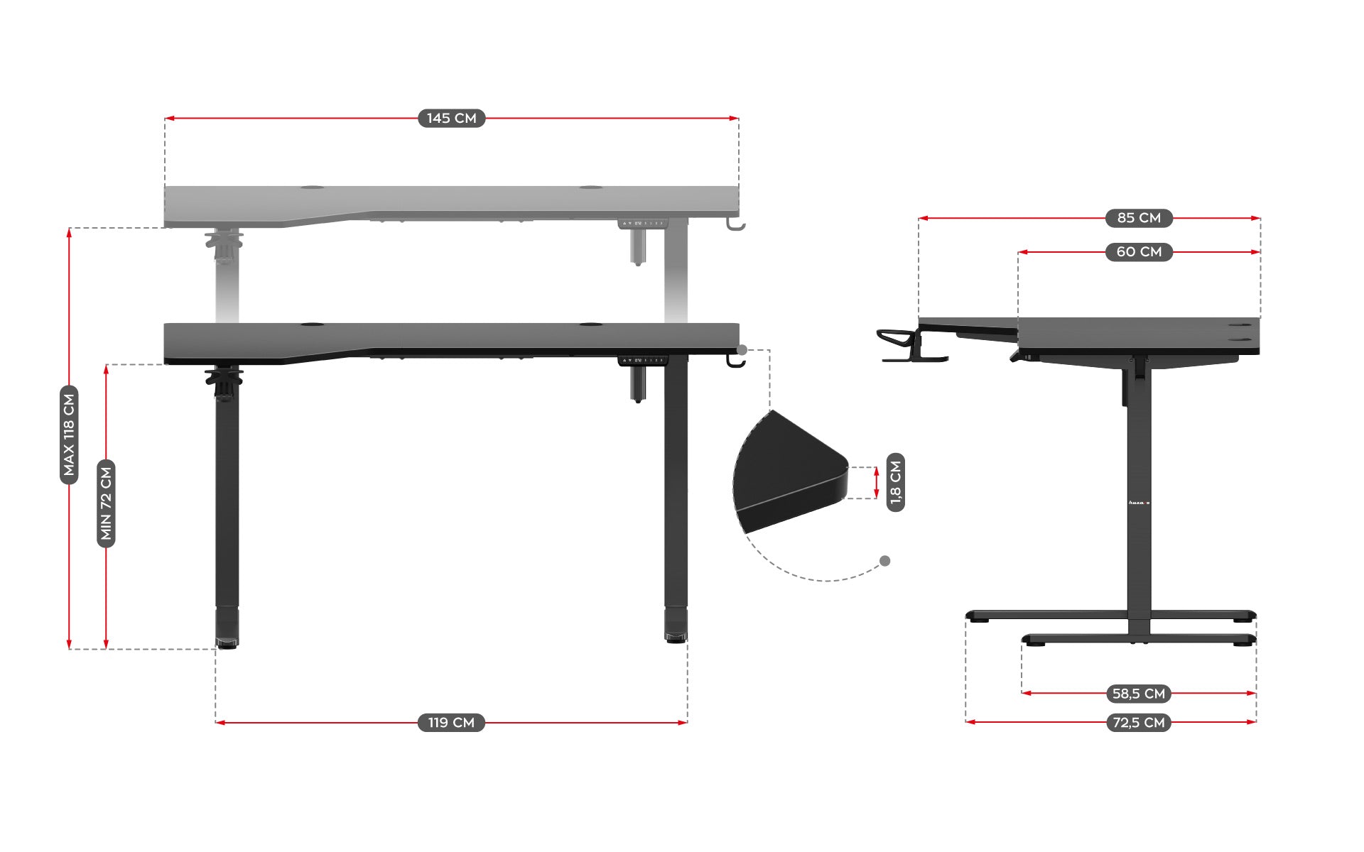 Huzaro Hero 9.1 Black elektrisch hoekbureau, 145 cm