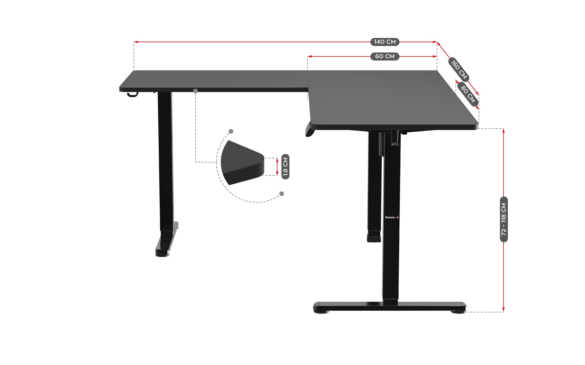 Huzaro Hero 9.5 Black elektrisch hoekbureau, 160 cm