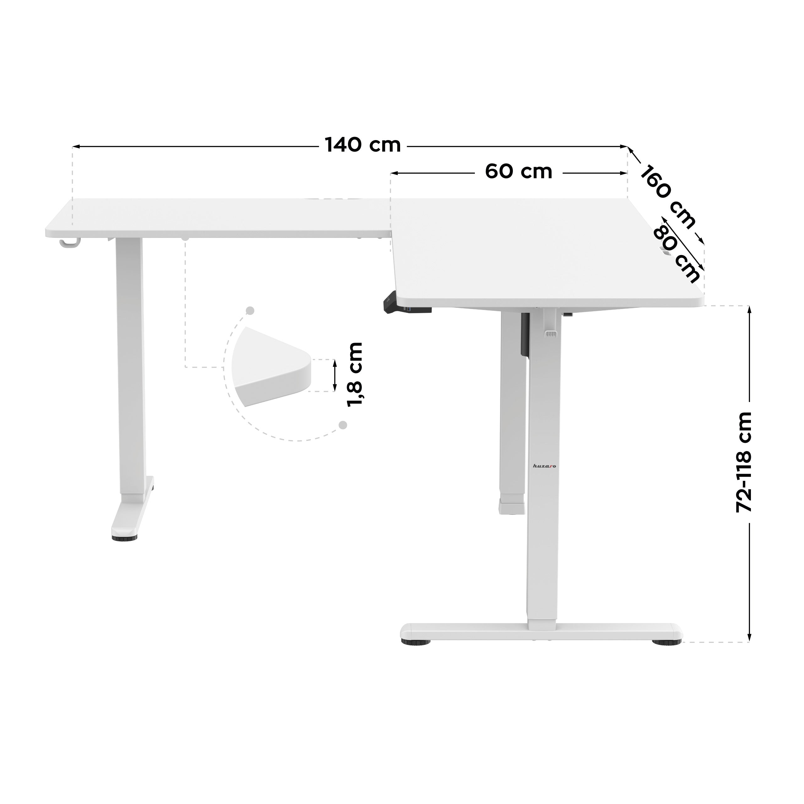 Huzaro Hero 9.5 White elektrisch hoekbureau, 160 cm