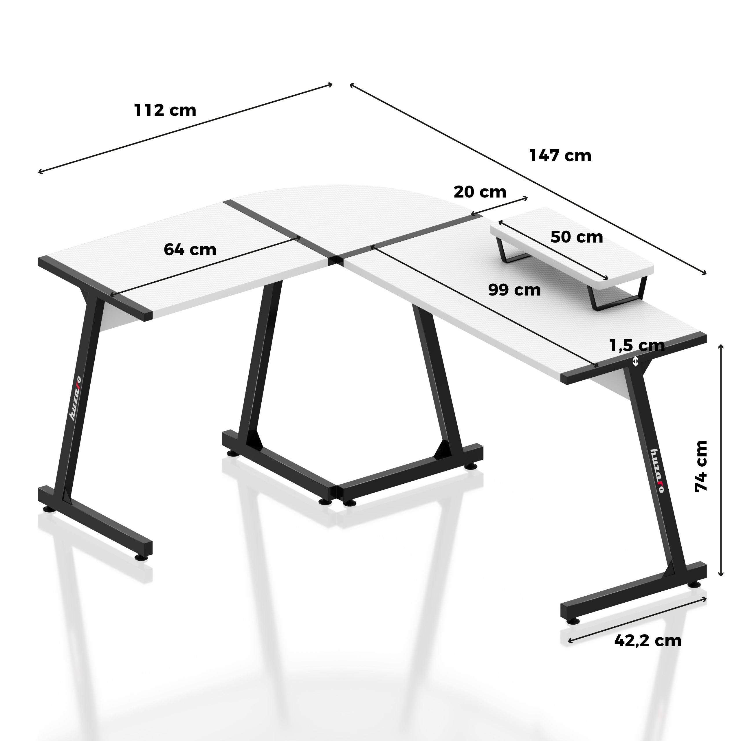 Huzaro Hero 6.0 White hoekgamingbureau, 147 cm