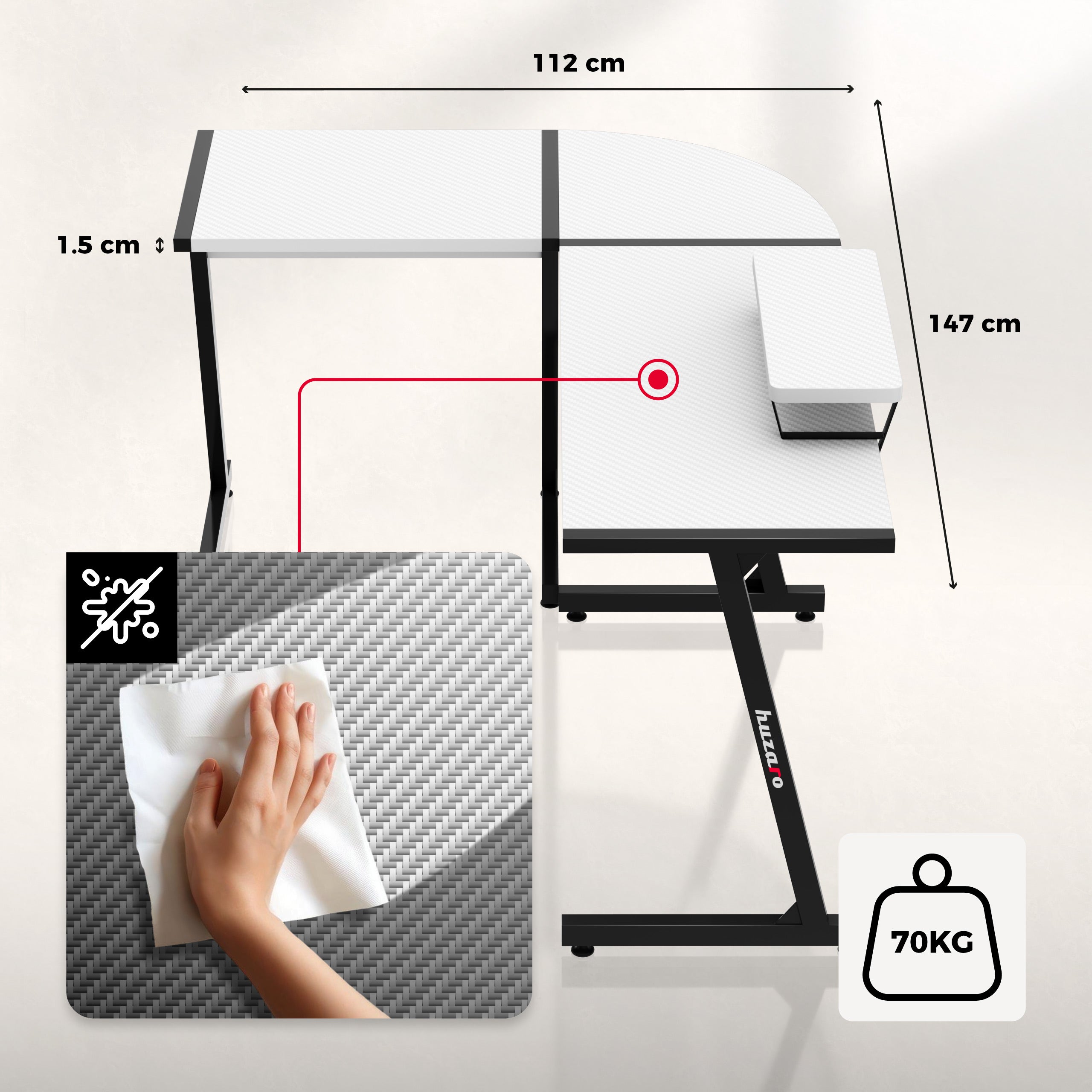 Huzaro Hero 6.0 White hoekgamingbureau, 147 cm