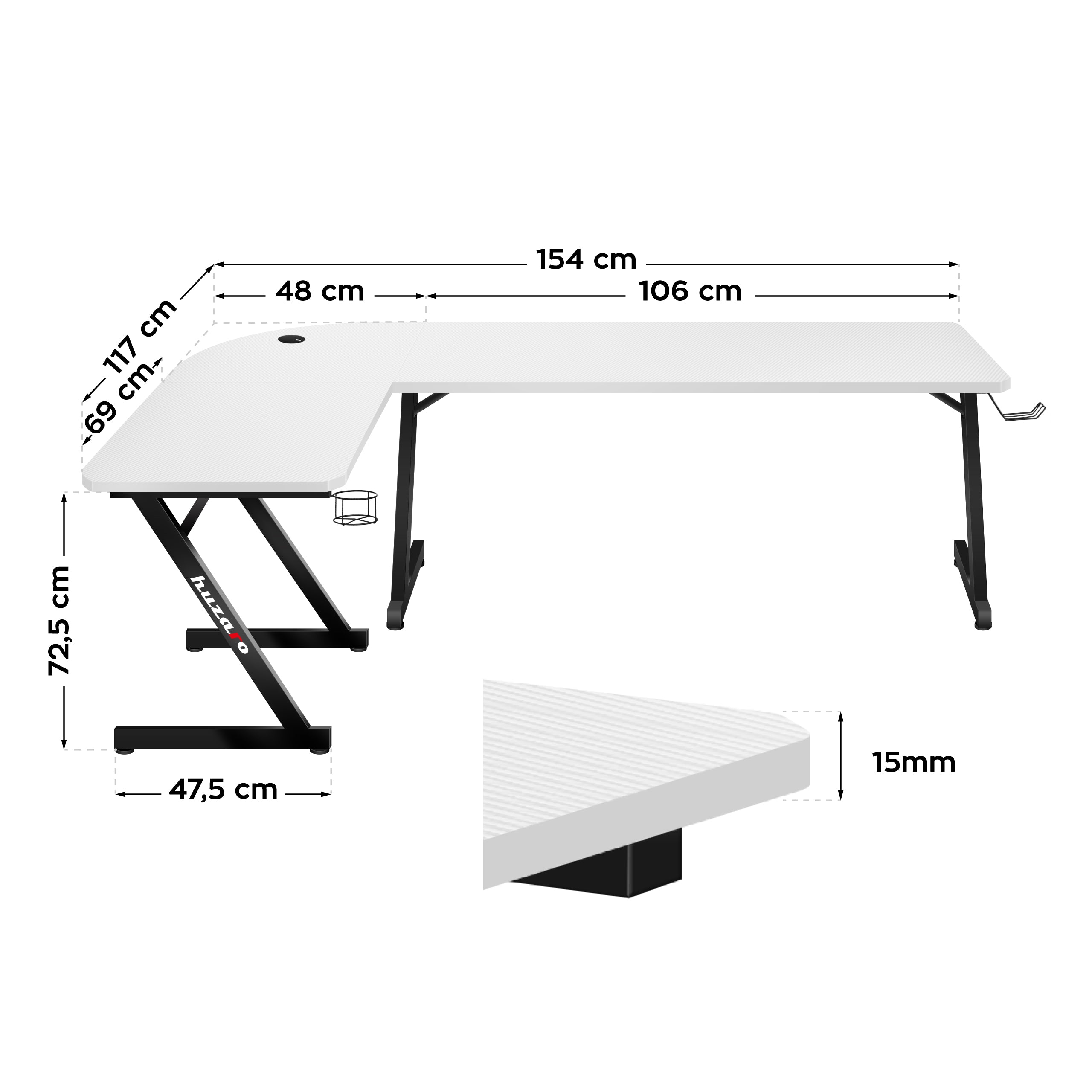 Huzaro Hero 7.0 White hoekgamingbureau, 154 cm